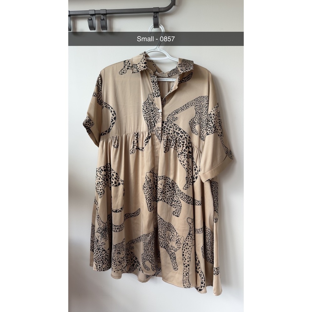 Leopard Print Button Down Babydoll Dress Short Sleeve Tan Black Small